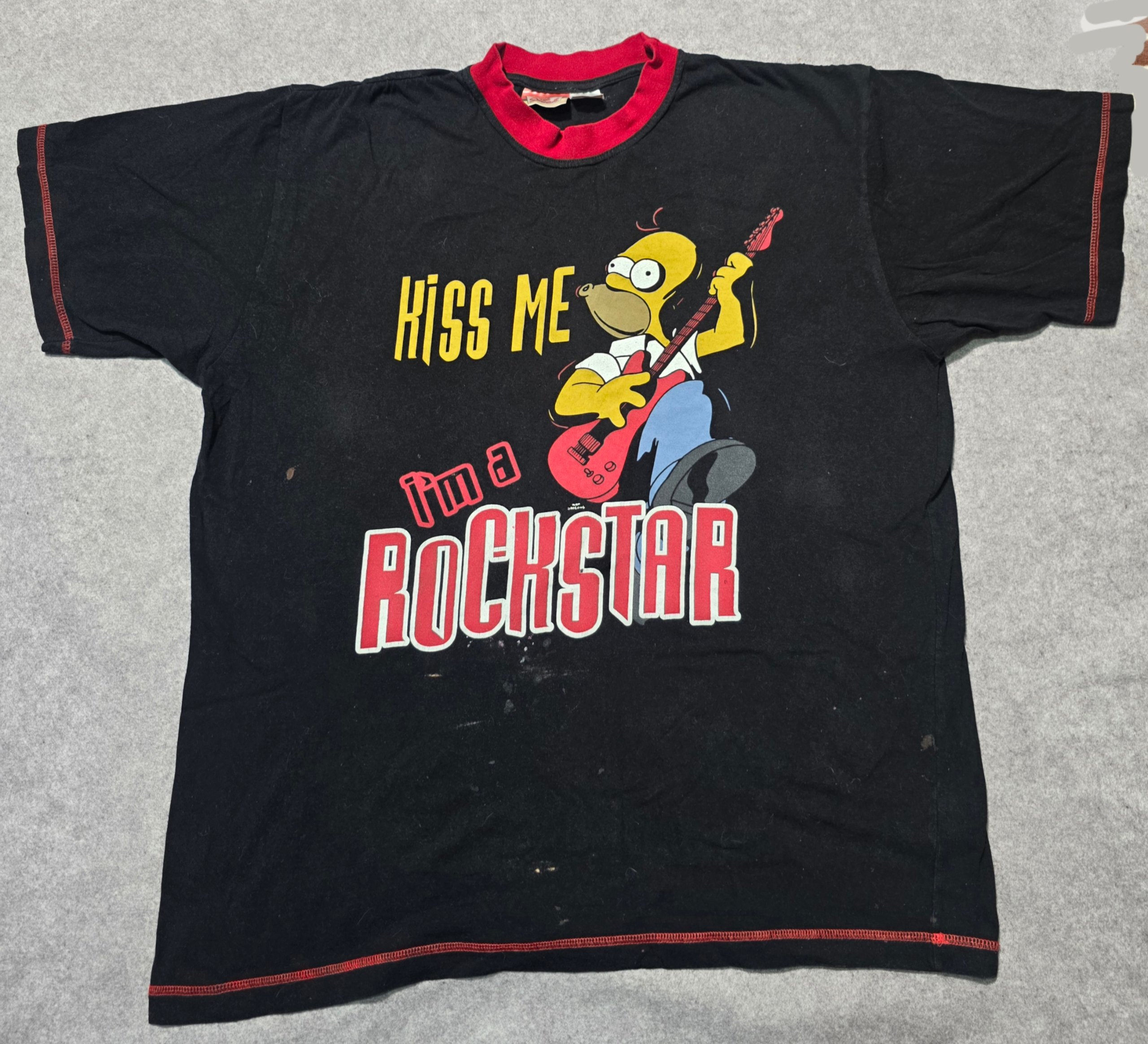 Vintage Simpsons Homer Kiss Me Rockstar T Shirt Ringer Black Red Mens L XL