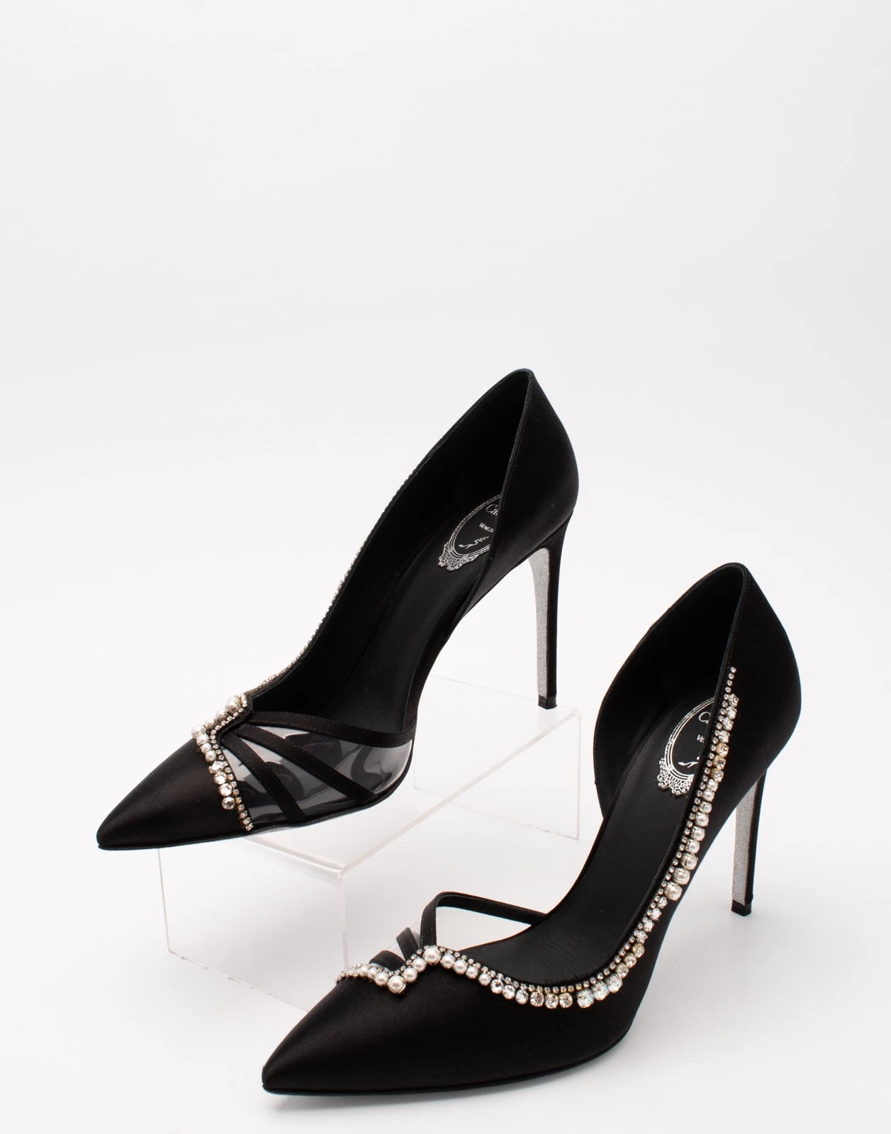 New René Caovilla Black Satin & Crystal D'Orsay Pumps Size 6