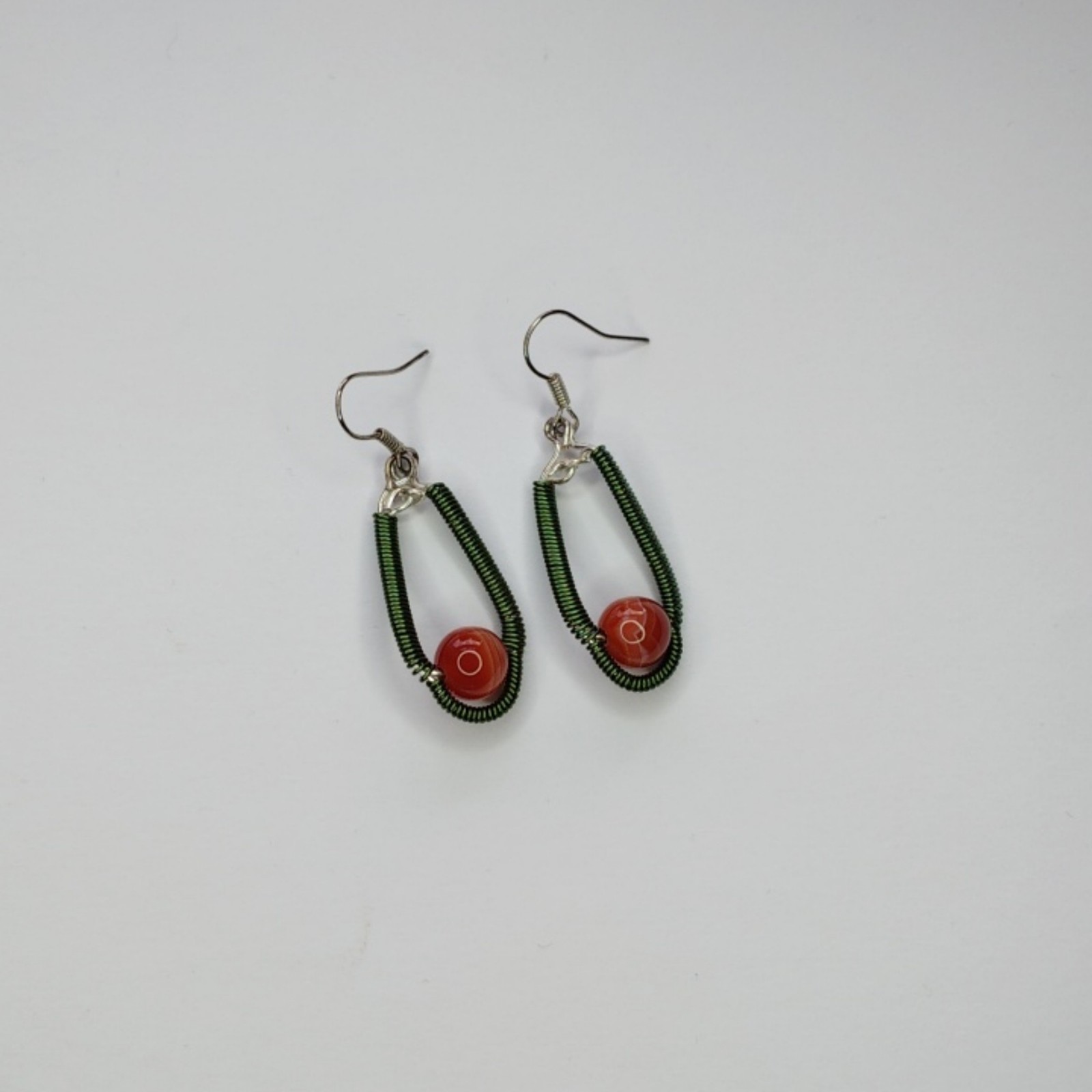 Handmade Green Wire & Red Bead Drop Earrings