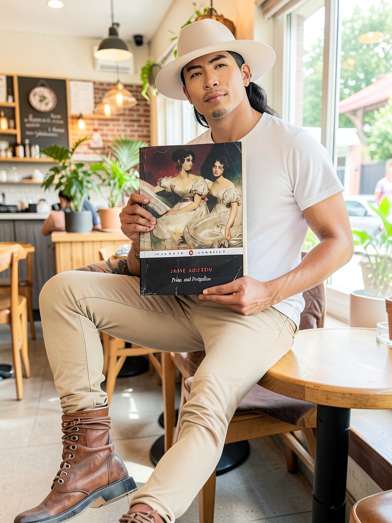 Follow-up edit placing the person and book in a café