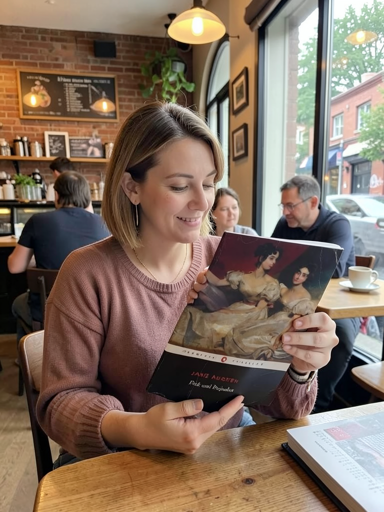 Generated café scene with a person holding the book