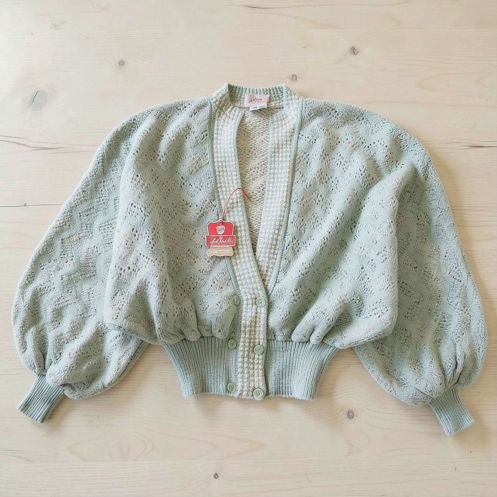 AI-edited cardigan on a pale wooden table