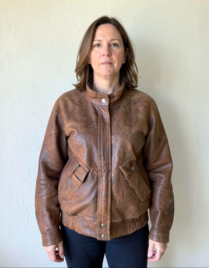 AI-generated model wearing the jacket against a plain wall