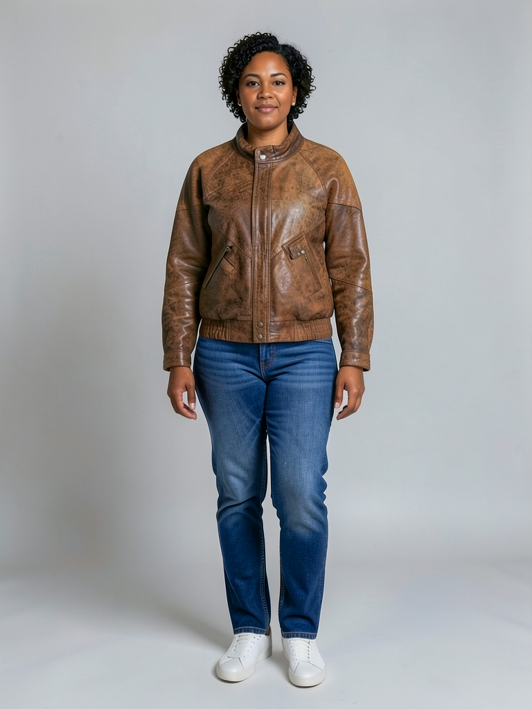 Reference model reimagined wearing the leather jacket