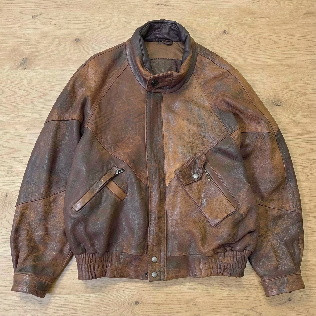 AI-edited leather jacket on a light oak tabletop