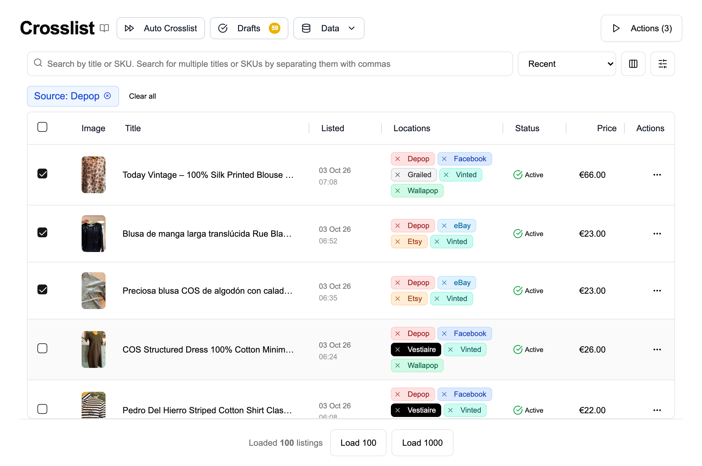Three Depop inventory products selected together in FLUF Connect for bulk actions.