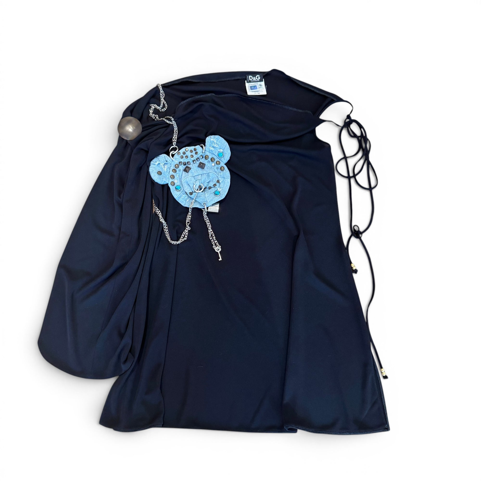 Dolce & Gabbana SS03 Runway Punk Denim Teddy Applique Chained Black Dress - Wholesale contemporary from Ākaibu Store, 