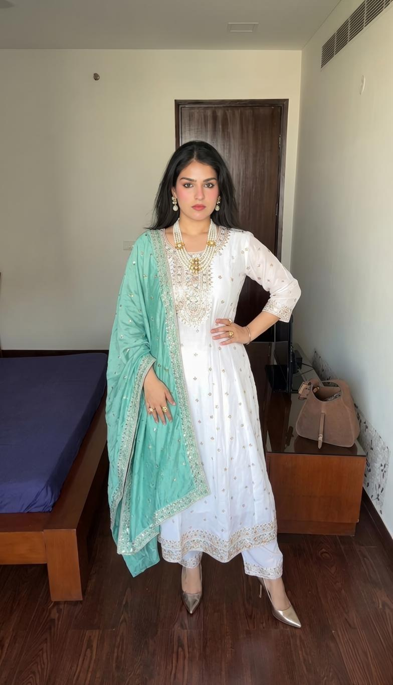 ANARKALI VICHITRA SILK 3-PIECE SUIT –WITH ZARI & SEQUENCE EMBROIDERY - Wholesale designer from Arihant Fashion, India