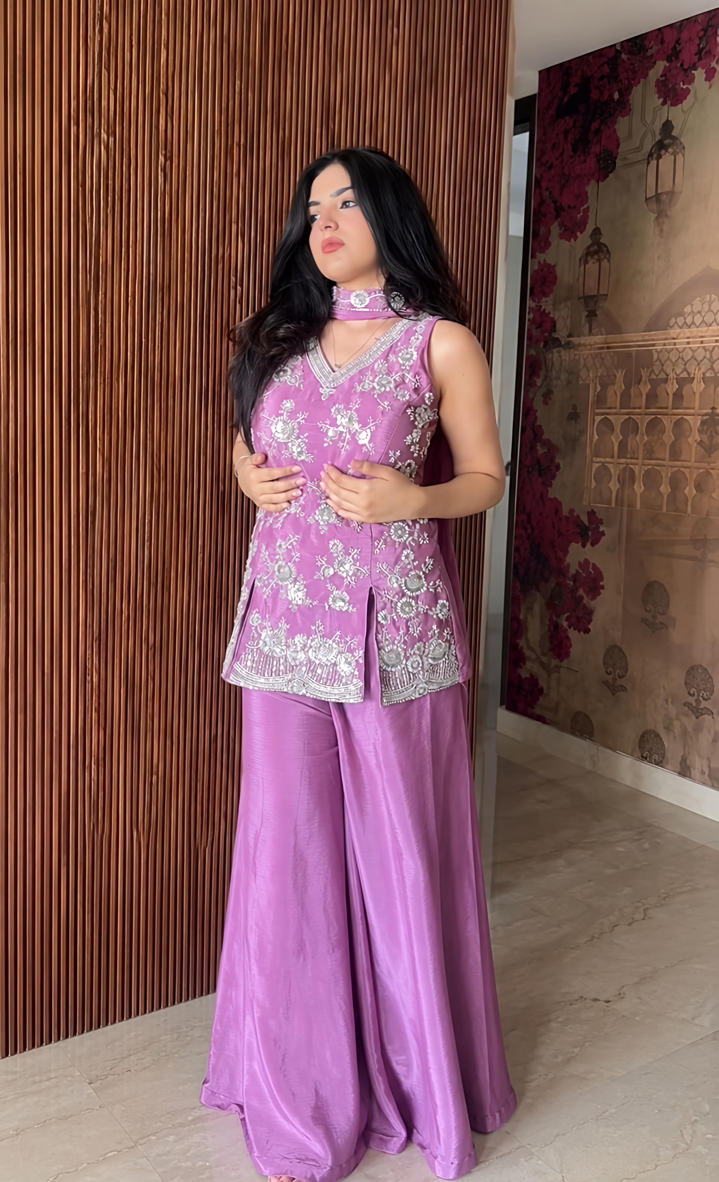Pink Designer Pure Chinon Silk Short Sharara Suit with Heavy Handwork & Choker Style Dupatta - Wholesale designer from Arihant Fashion, India