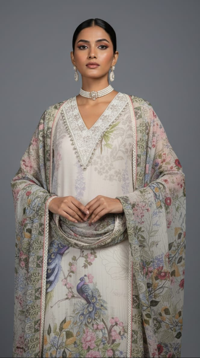 UNSTITCHED 3-PIECE SUIT – GLASS ORGANZA PEARL & 3D FLOWER EDITION - Wholesale designer from Arihant Fashion, India