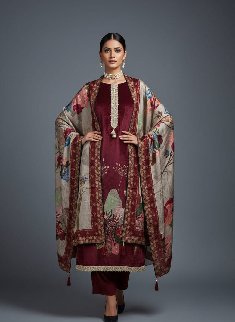 UNSTITCHED 3-PIECE SUIT – MASLIN CREPE ZARKAN & ZARI EMBROIDERY EDITION - Wholesale designer from Arihant Fashion, India