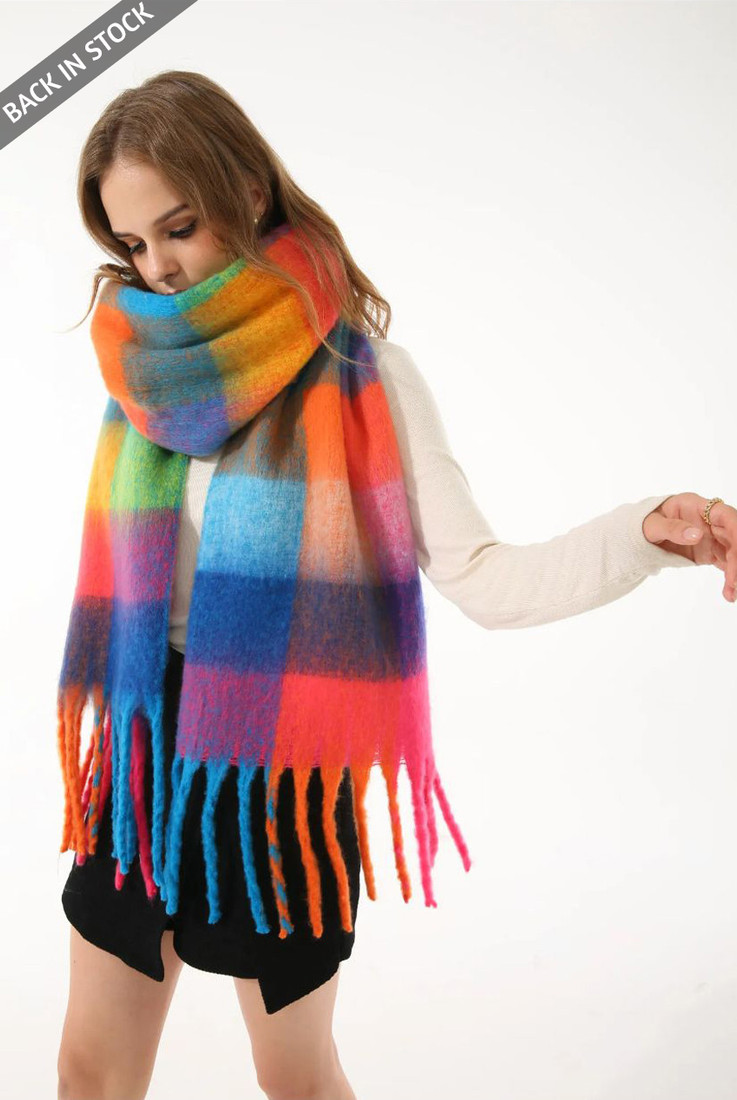Check Print Fluffy Knit Scarf - Wholesale boho from Babez London, United Kingdom