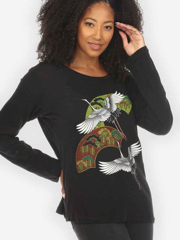 Crane Bonsai Print Cotton Exclusive Tee - Wholesale boho from Citron Clothing Inc., United States