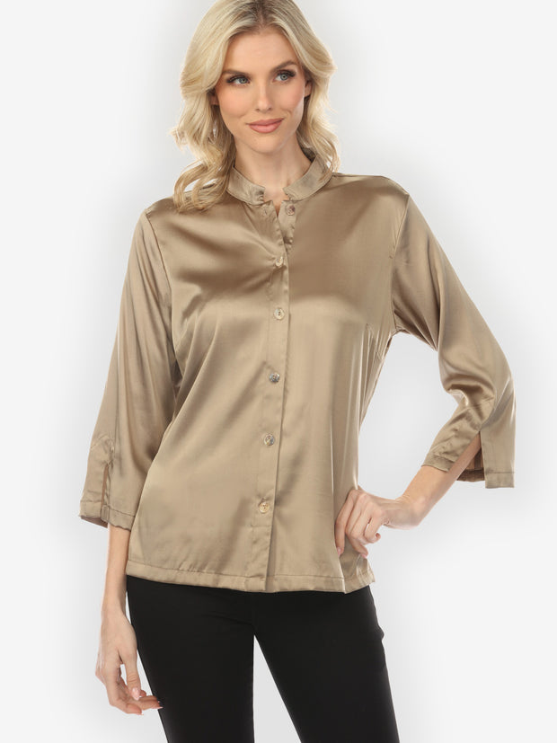 Solid Silk Satin Dark Champagne Silk Blouse - Wholesale boutique from Citron Clothing Inc., United States