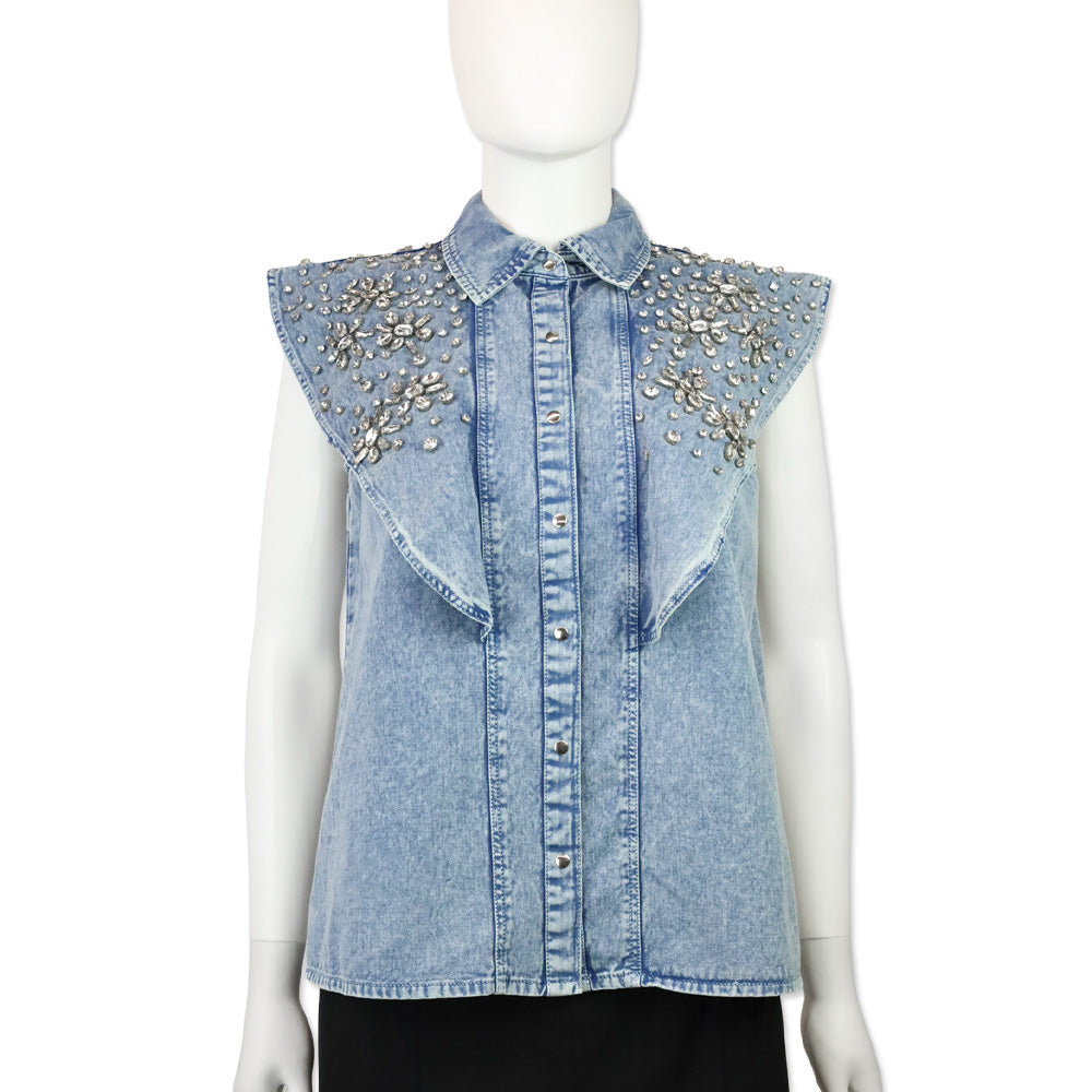 Let Me Be Crystal Embellished Denim Flutter Sleeve Top - Wholesale boutique from DBLTKE, United States