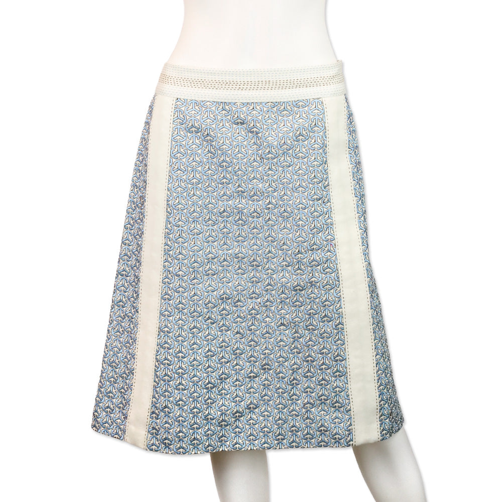 Tory Burch Blue and White Geometric Embroidered Linen Midi Skirt - Wholesale boutique from DBLTKE, United States