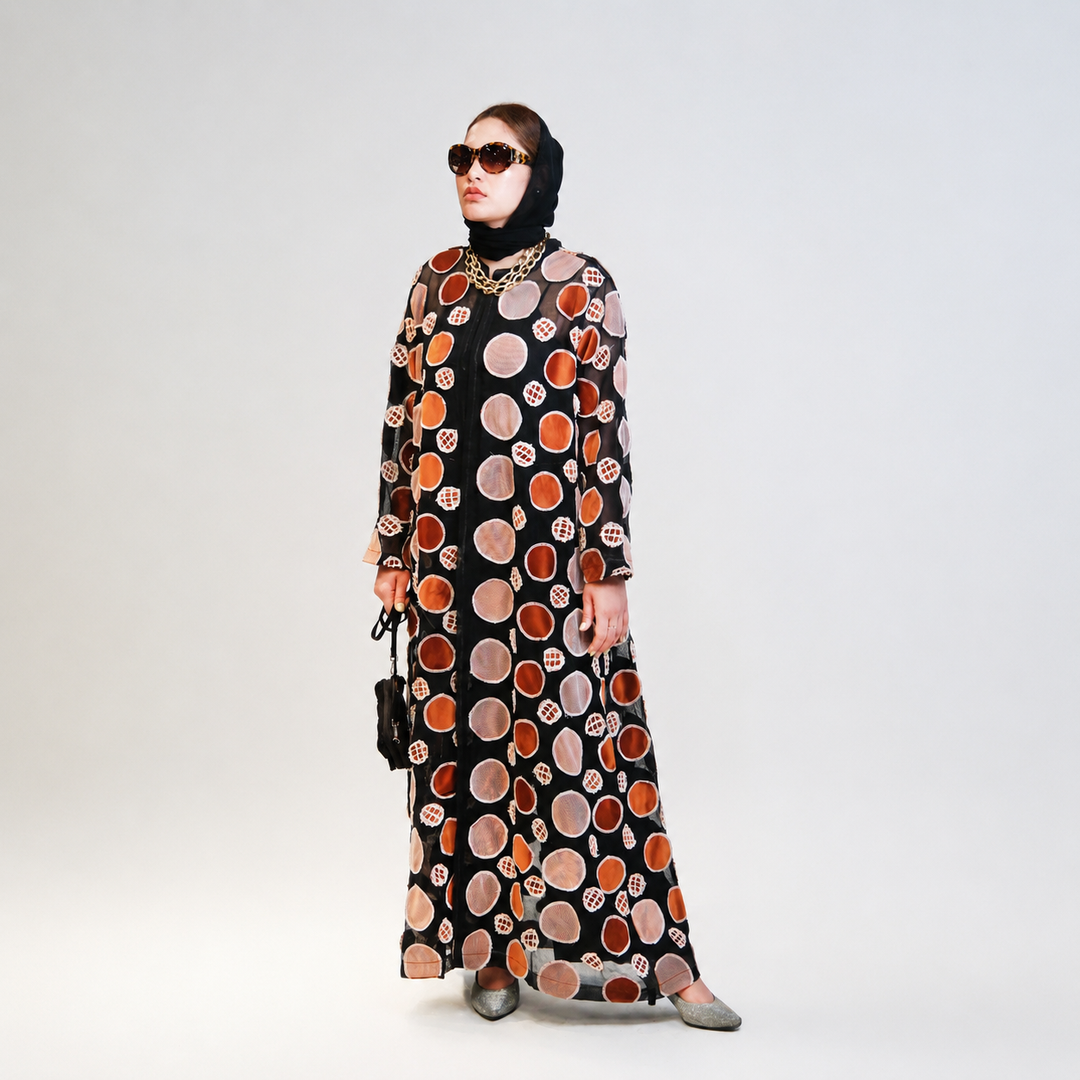 EFAAR Circles Patched Sheer Abaya - Wholesale luxury from EFAAR, United Arab Emirates