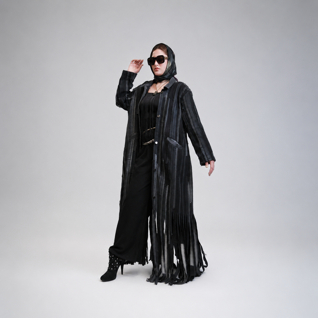 EFAAR Noir Fringed Striped Denim Abaya - Wholesale luxury from EFAAR, United Arab Emirates