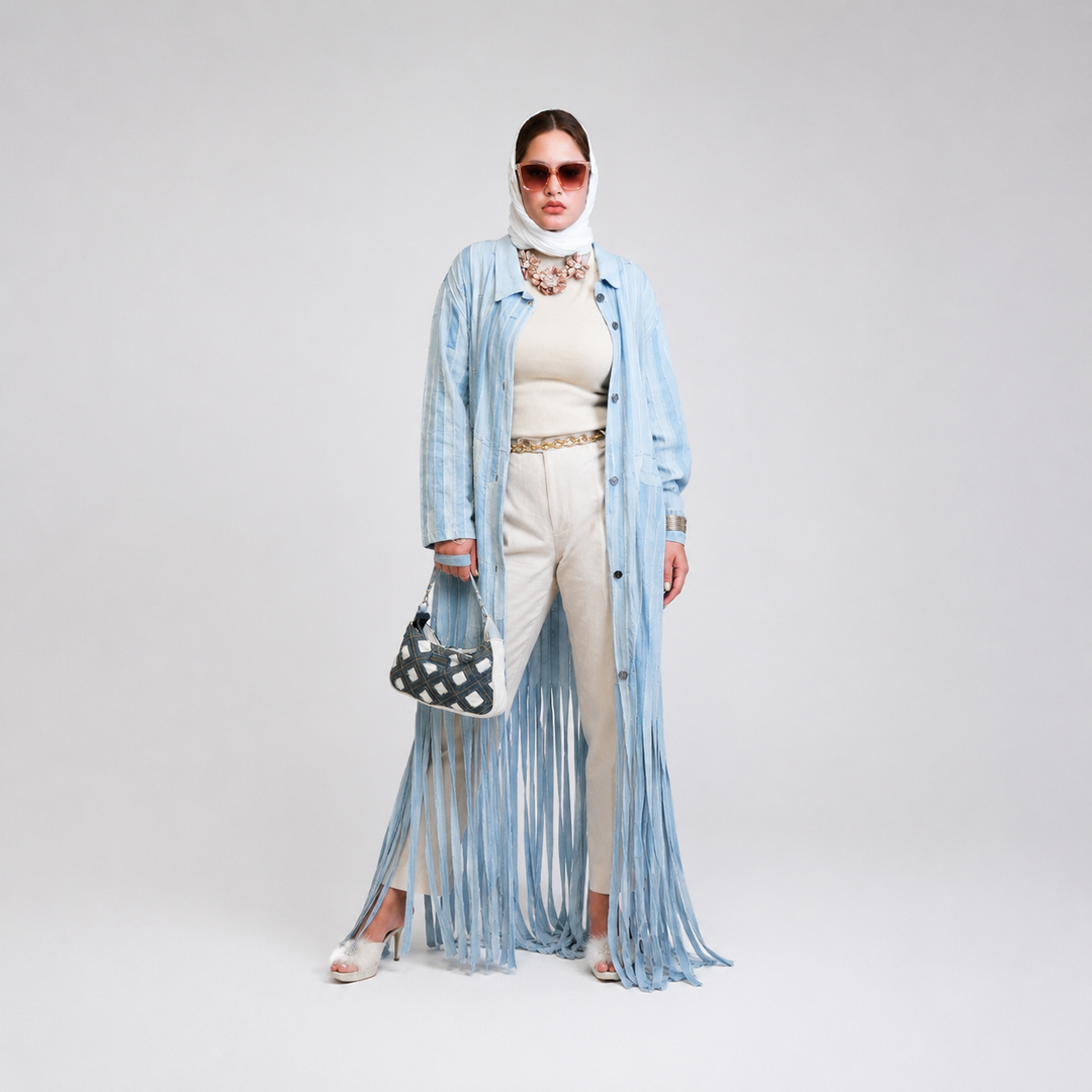 EFAAR Washed Fringed Stripe Denim Abaya - Wholesale luxury from EFAAR, United Arab Emirates