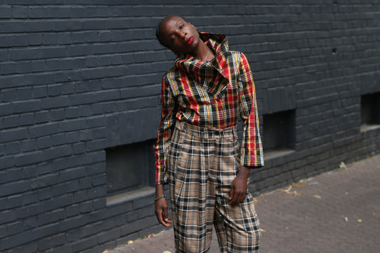 Vintage 90s Plaid Blouse - Red Tartan Draped Collar Shirt Raybold - Wholesale designer from Fashion and Fables, Germany