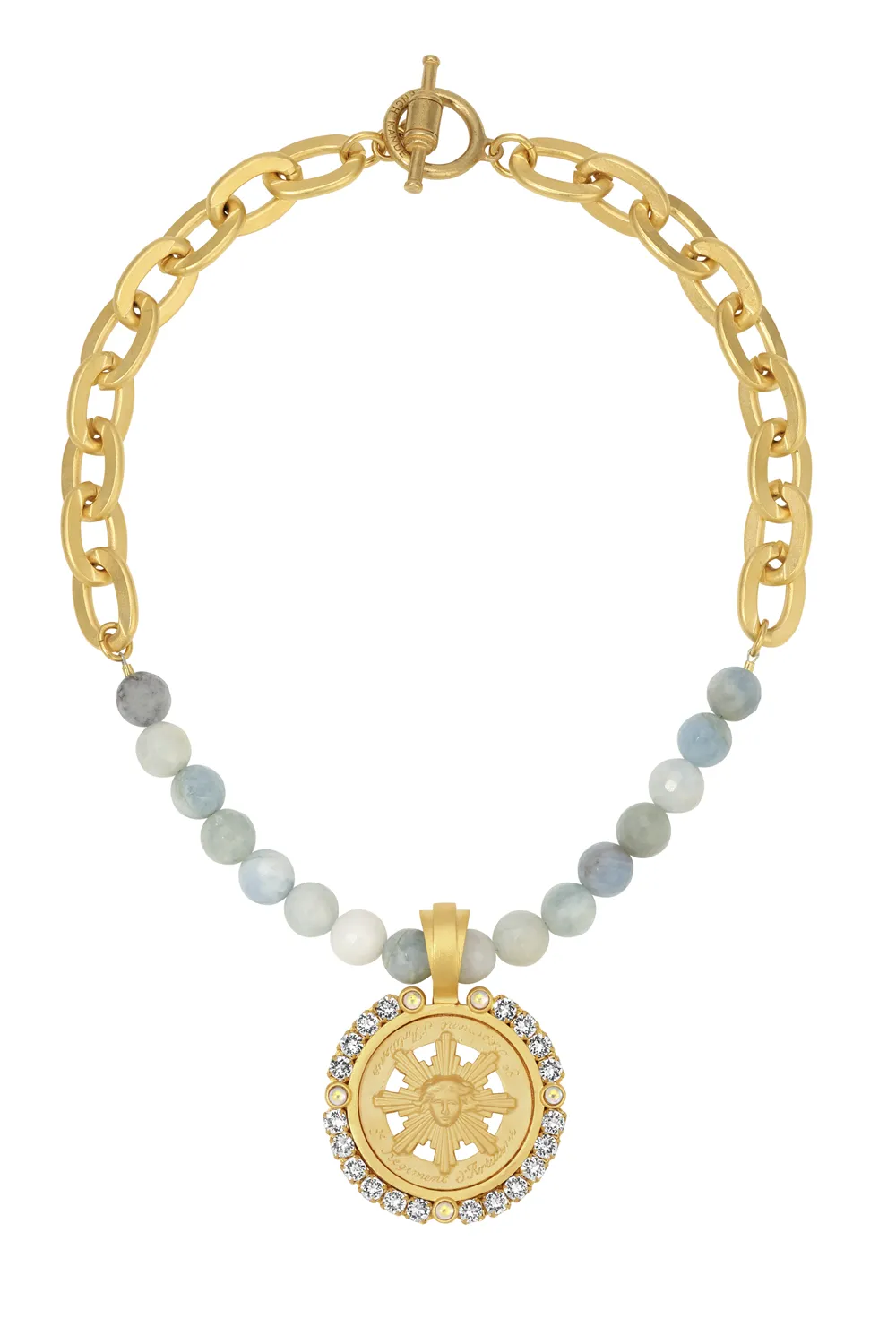 Azenor Necklace Aquamarine and Gold Chain Necklace with Medallion - Wholesale boho from French Kande, United States