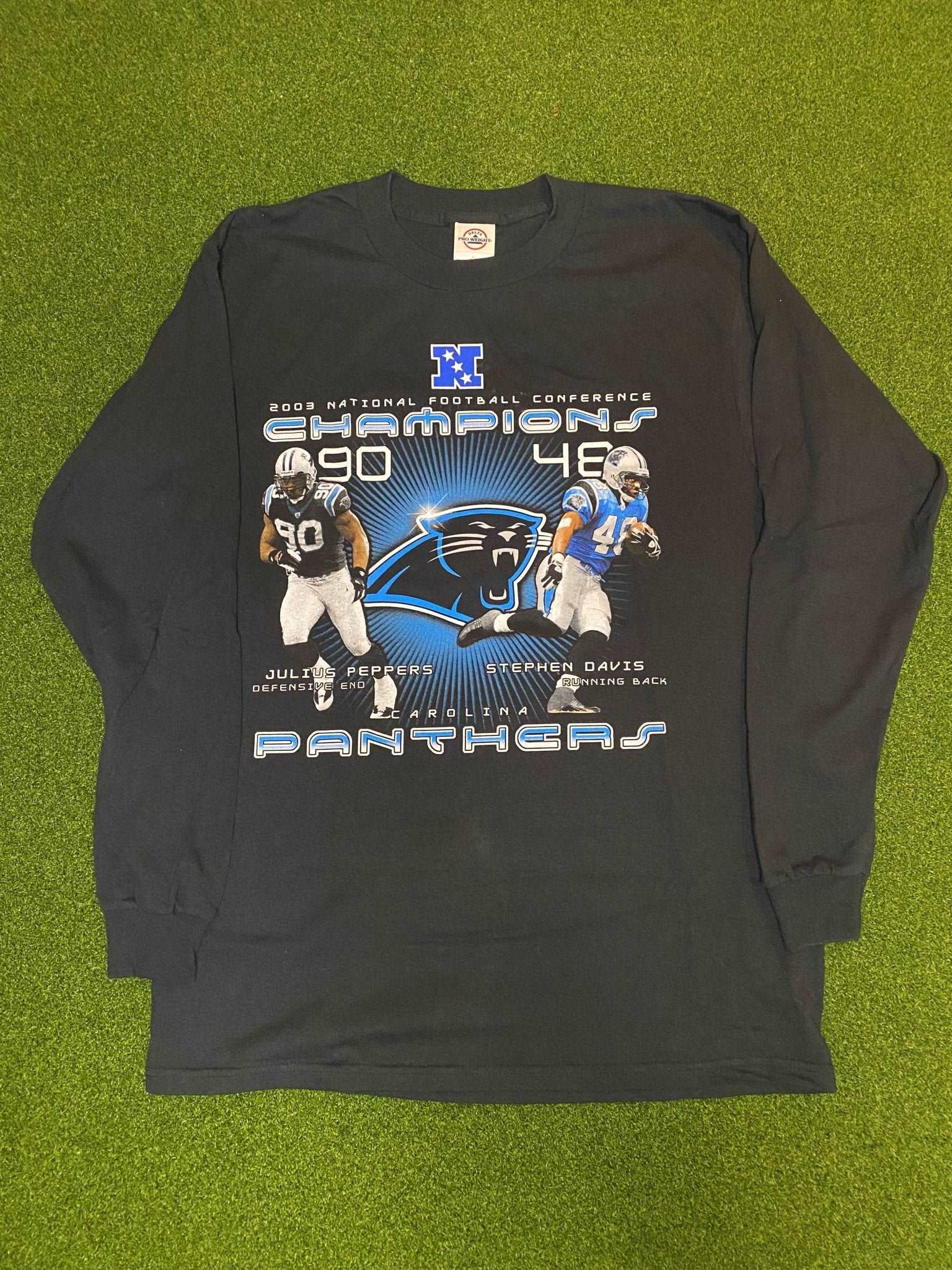2003 Carolina Panthers - NFC Champions Ft. Julius Peppers - Double Sided Vintage NFL Long-Sleeve Shirt (Medium) - Wholesale 80s from Gametime Vintage, United States