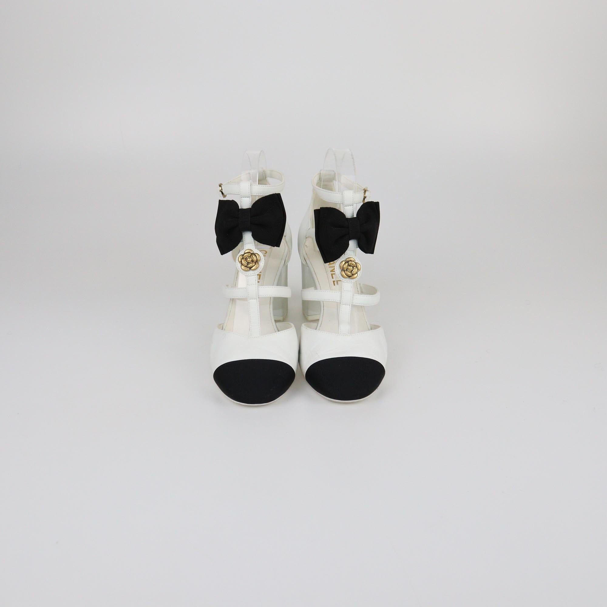 Chanel White/Black T-Strap CC Camellia Block Heel Pumps - Wholesale accessories from Garderobe, United Arab Emirates