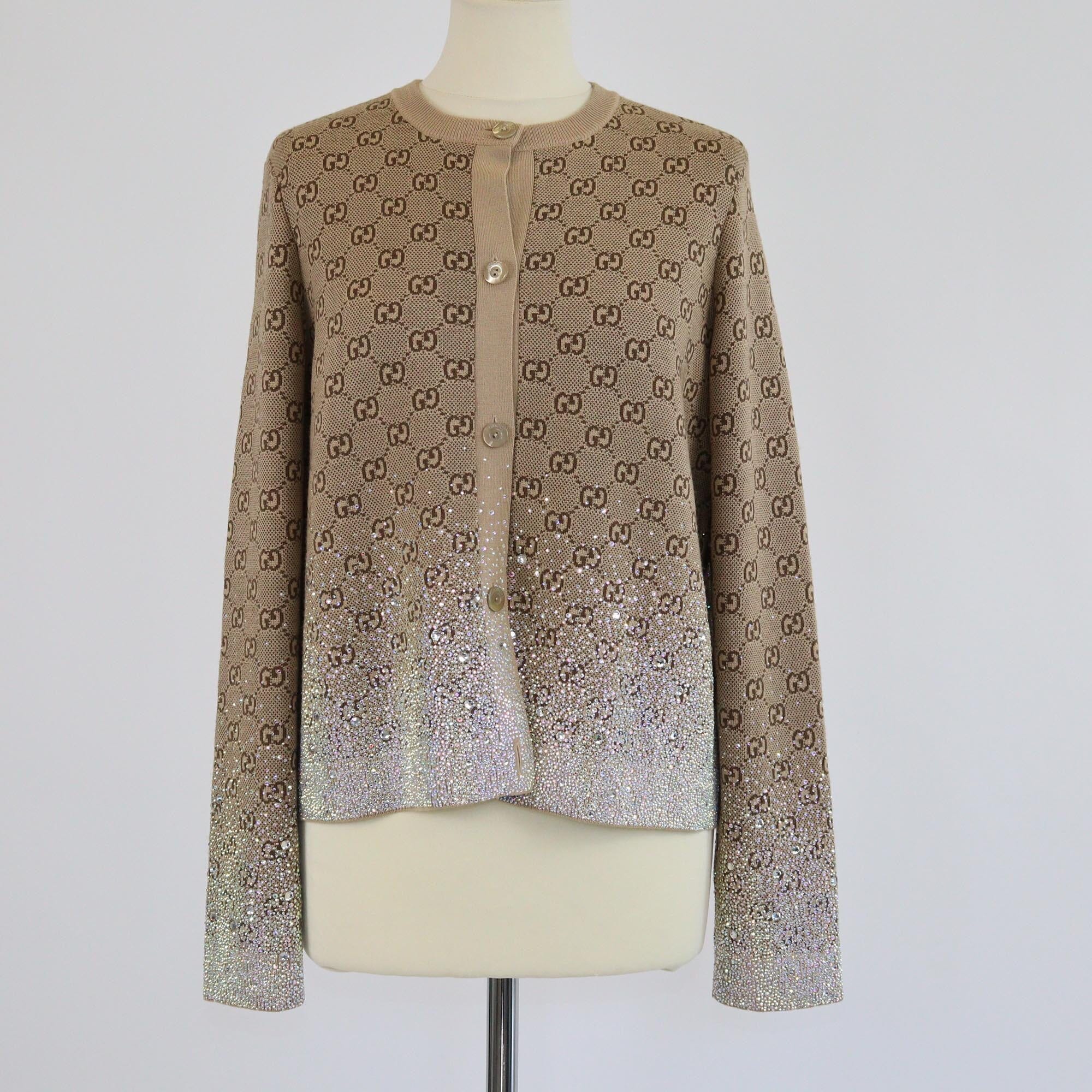 Gucci Brown GG Monogram Gradient Crystal Embellished Knitted Cardigan - Wholesale accessories from Garderobe, United Arab Emirates