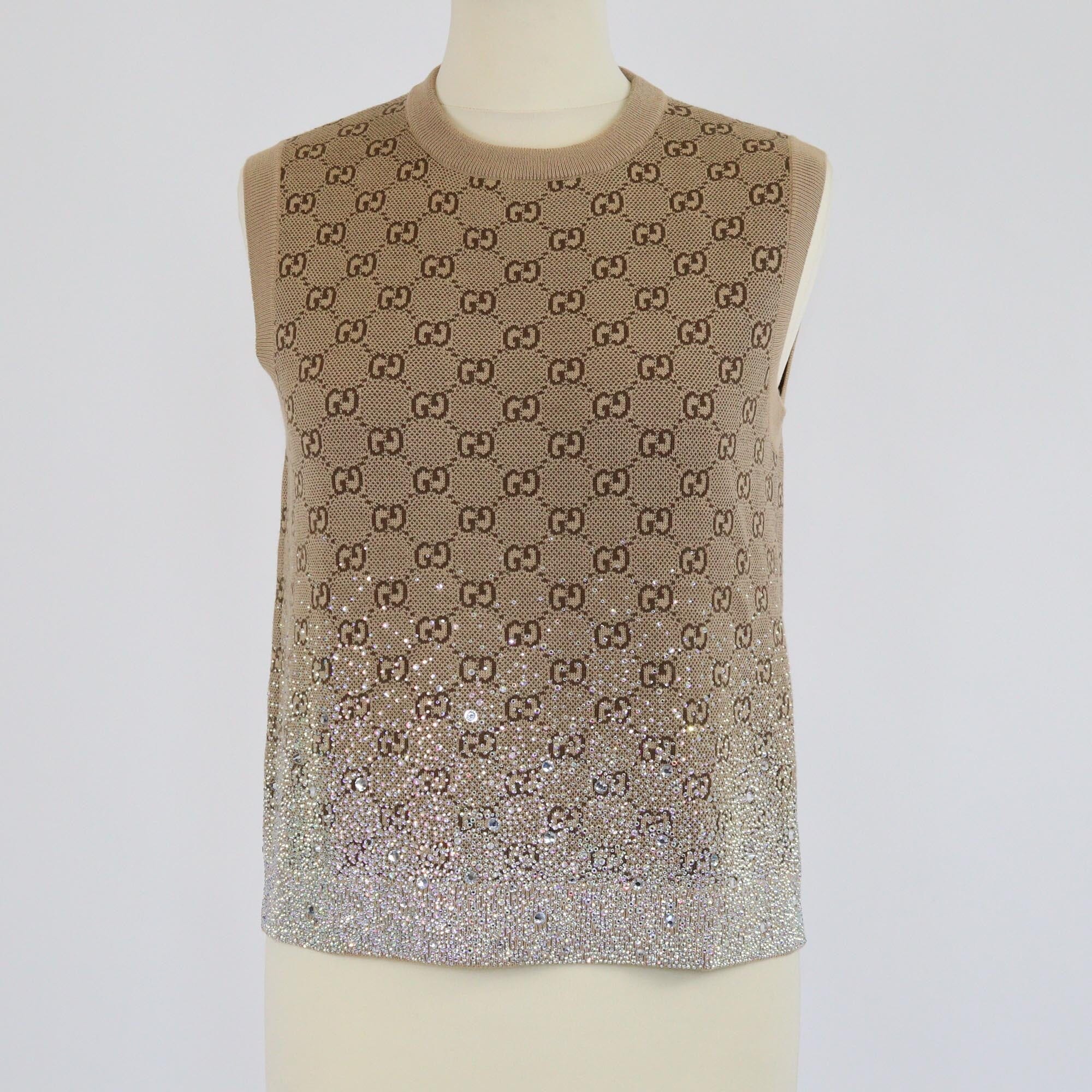Gucci Brown GG Monogram Gradient Crystal Embellished Sleeveless Knitted Sweater - Wholesale accessories from Garderobe, United Arab Emirates