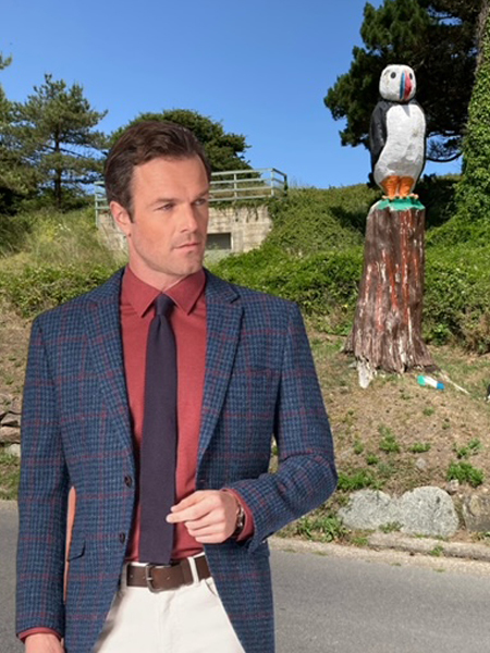 Perth Jacket, Navy Houndstooth, Wine Overcheck Harris Tweed - Wholesale eclectic from Harris Tweed Shop, United Kingdom