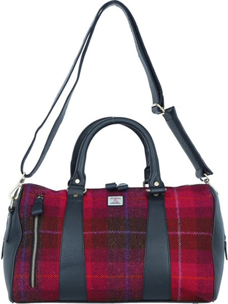 Weekend Getaway Bag, Cerise Check Harris Tweed and Black Leather - Wholesale eclectic from Harris Tweed Shop, United Kingdom