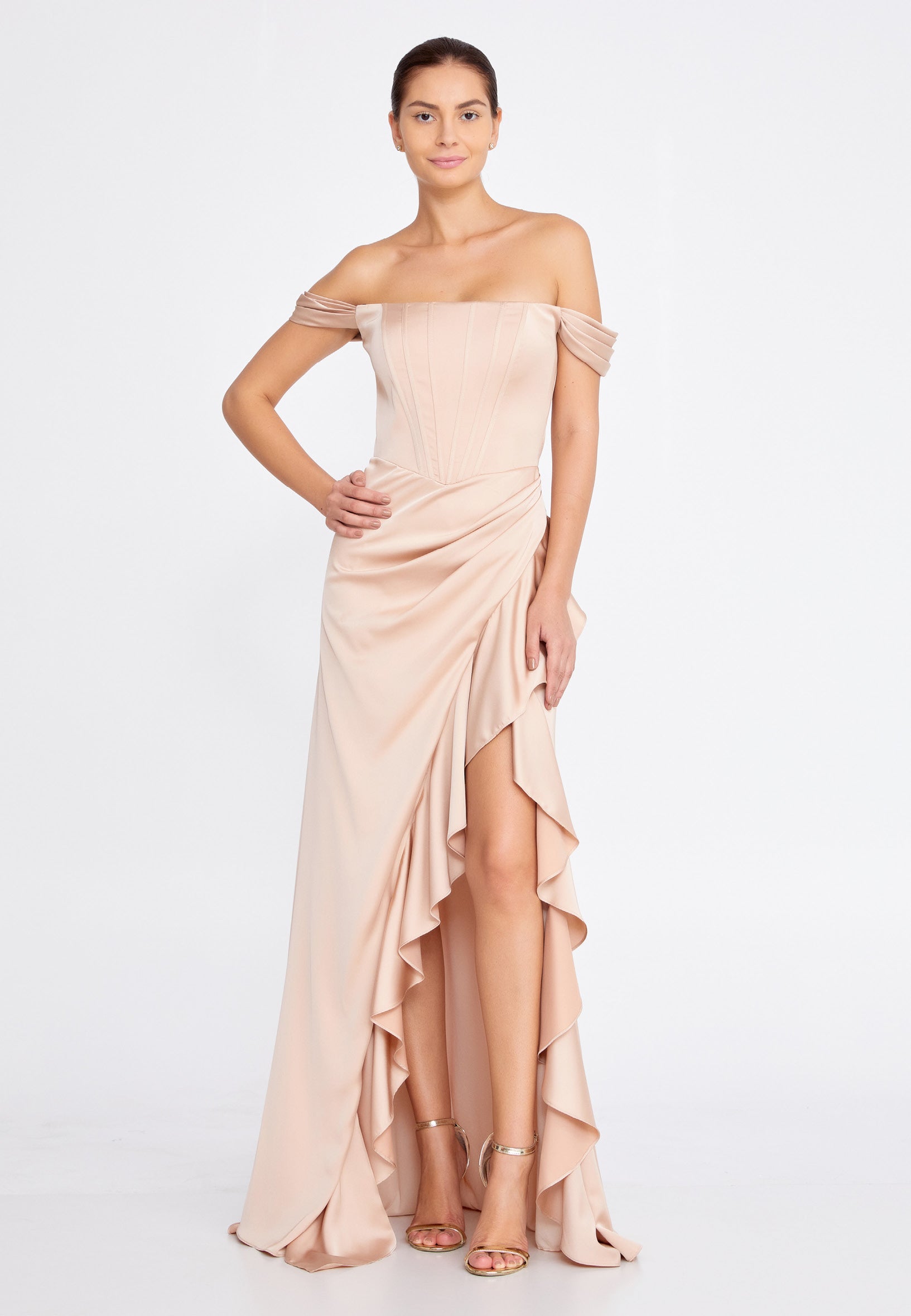 Off Shoulder Maxi Satin Column Regular Wedding Guest Dress ses2520 - Wholesale accessories from Istanbul Fashion Center, Turkey