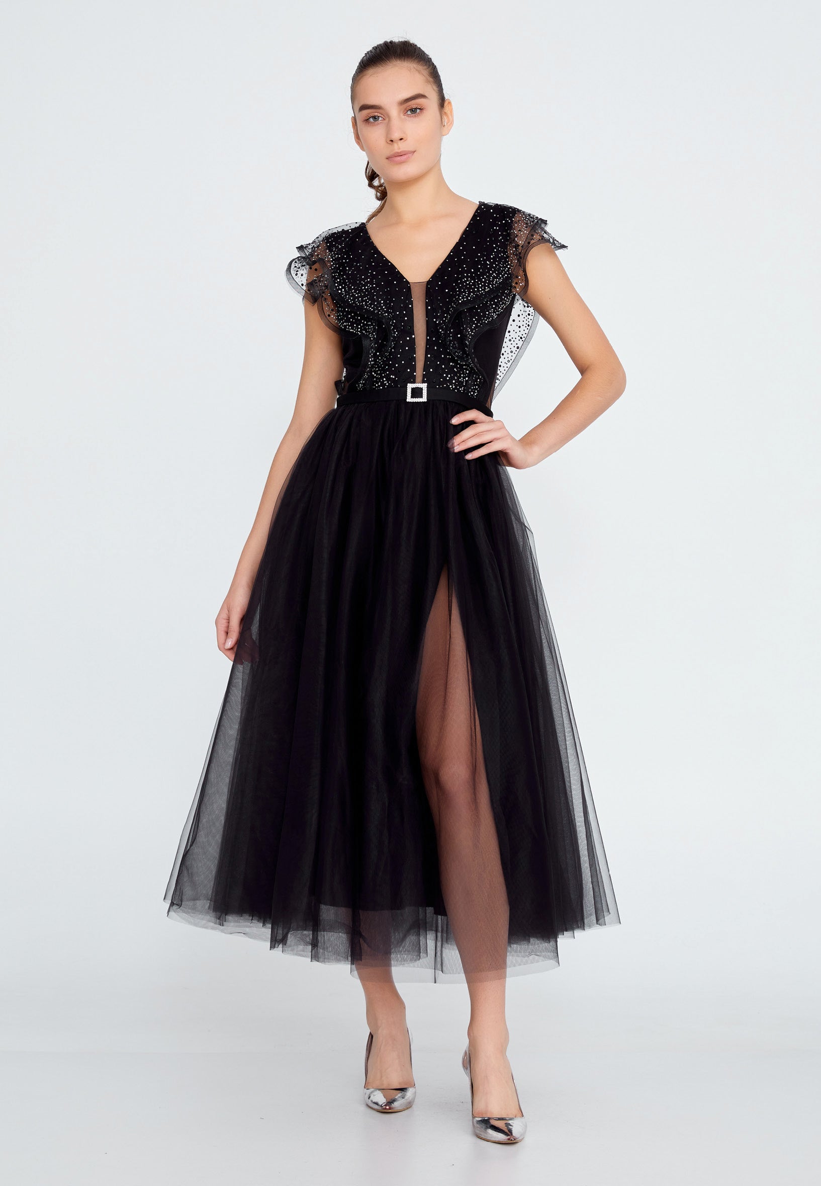 Short Sleeve Midi Tulle A - Line Regular Prom Dress ses2650 - Wholesale accessories from Istanbul Fashion Center, Turkey