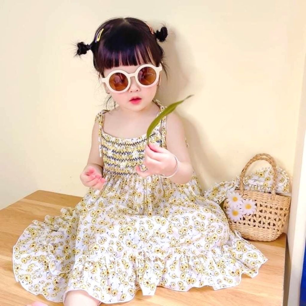 Blue Chrysanthemum Smocked Dress For Girls - Wholesale boho from K-Embroidery, Vietnam