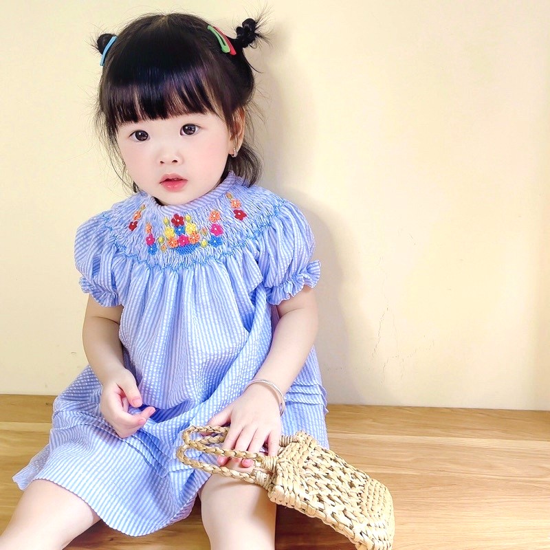 Blue Dress Embroidered With Small Flowers For Girls - Wholesale boho from K-Embroidery, Vietnam