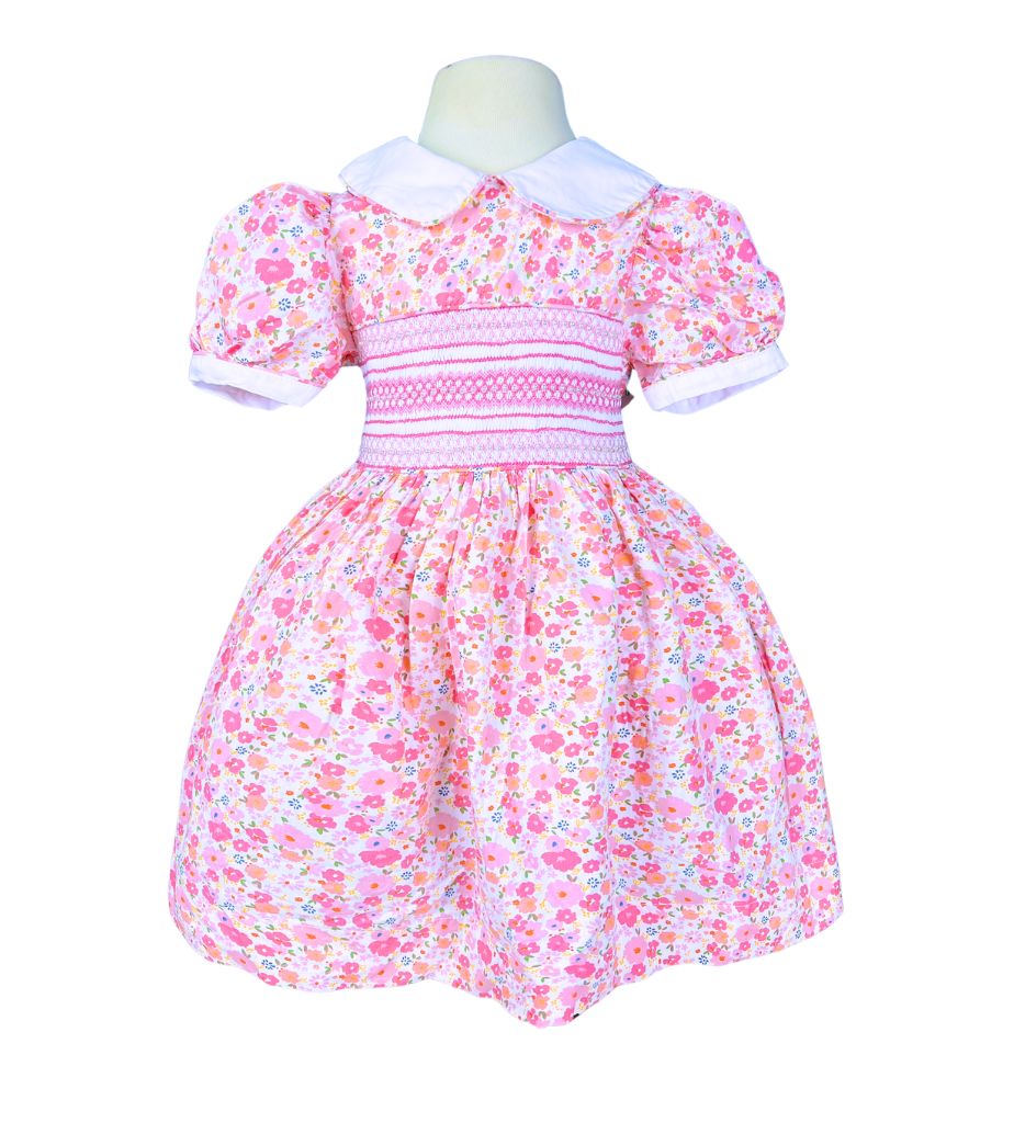 RTS08 - Pink flower geometric smocked dress - Wholesale boho from K-Embroidery, Vietnam