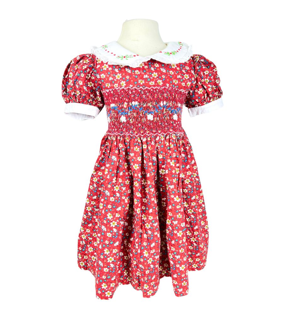 RTS10 - Red smocked floral dress - Wholesale boho from K-Embroidery, Vietnam