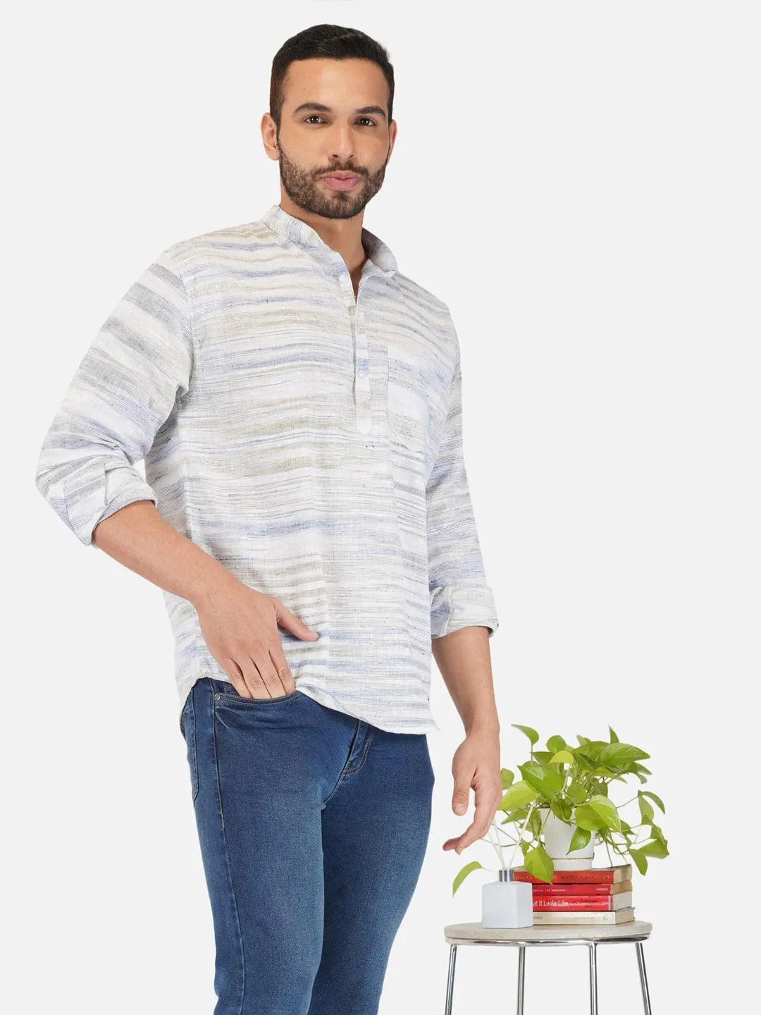 Blue Self Pattern Pure Khadi Short Kurta for Men - Wholesale boho from Khadi Sadan, India