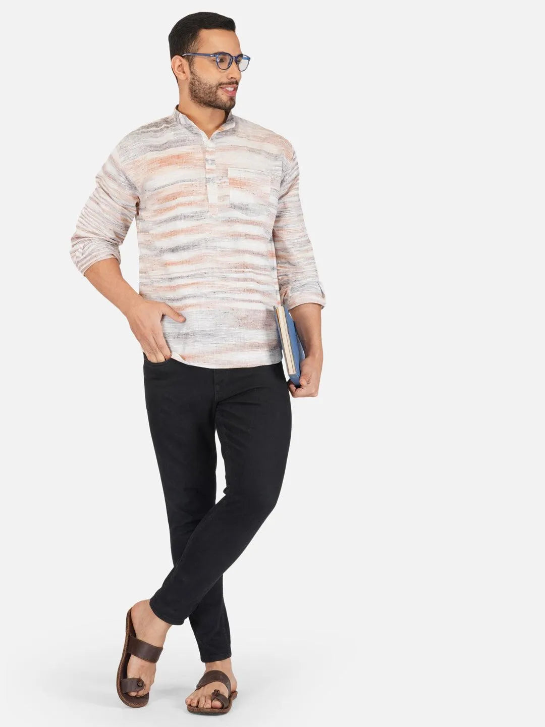 Brown Self Pattern Pure Khadi Short Kurta for Men - Wholesale boho from Khadi Sadan, India