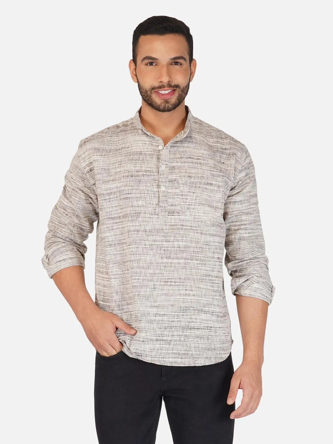 Grey Self Pattern Pure Khadi Short Kurta for Men - Wholesale boho from Khadi Sadan, India