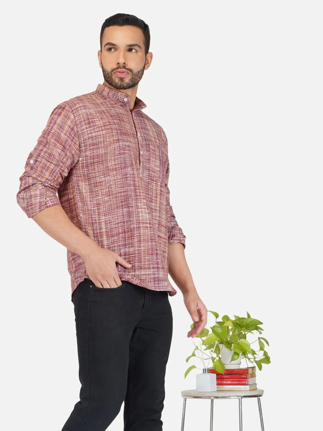 Handwoven Pure Khadi Short Kurta - Maroon Cotton - Wholesale boho from Khadi Sadan, India