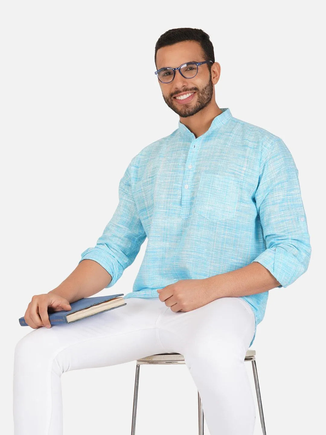 Sky Blue Pure Khadi Short Kurta for Men - Wholesale boho from Khadi Sadan, India