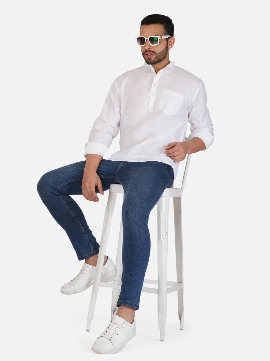 White Pure Khadi Short Kurta for Men in Cotton - Wholesale boho from Khadi Sadan, India