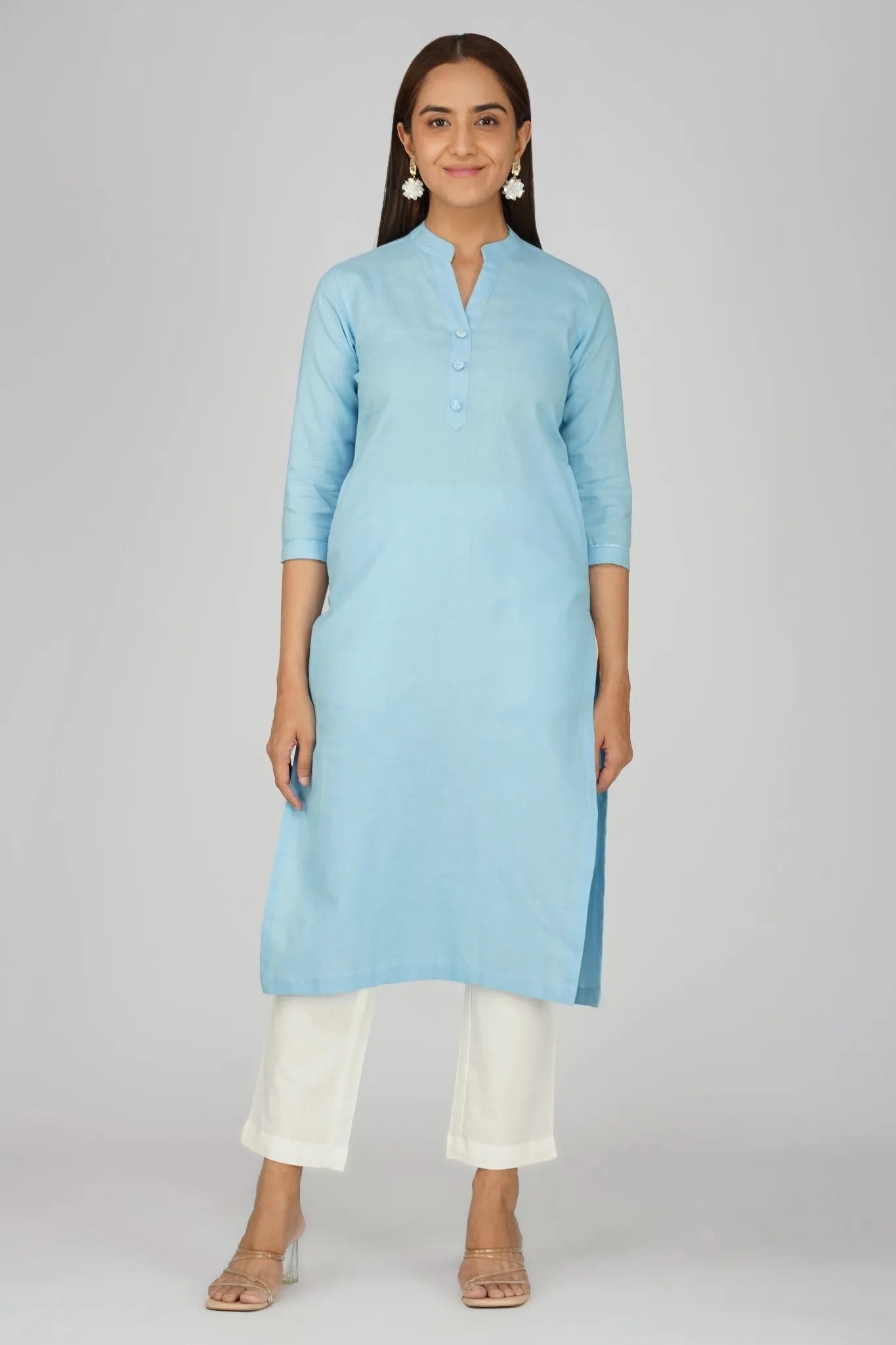 Women’s Pastel Blue Khadi Long Kurti - Soft Cotton - Wholesale boho from Khadi Sadan, India
