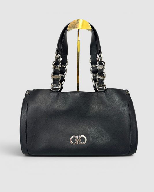 Salvatore Ferragamo Black Saffiano Leather Nicoletta Tote Bag w Silver Accents - Wholesale boutique from Kit’s Boutique, United States