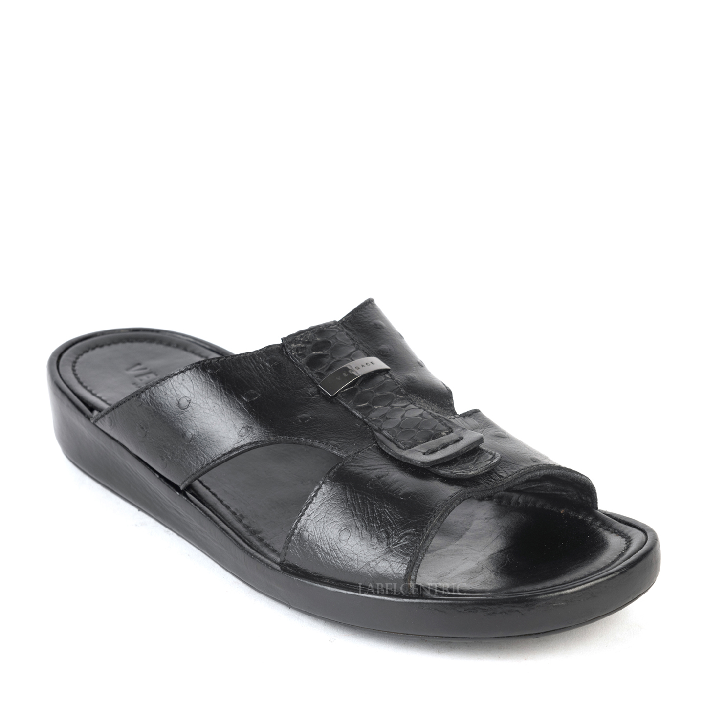 Versace Black Ostrich Leather Flat Sandals - Wholesale accessories from LabelCentric Luxury Enterprises Pvt. Ltd., India