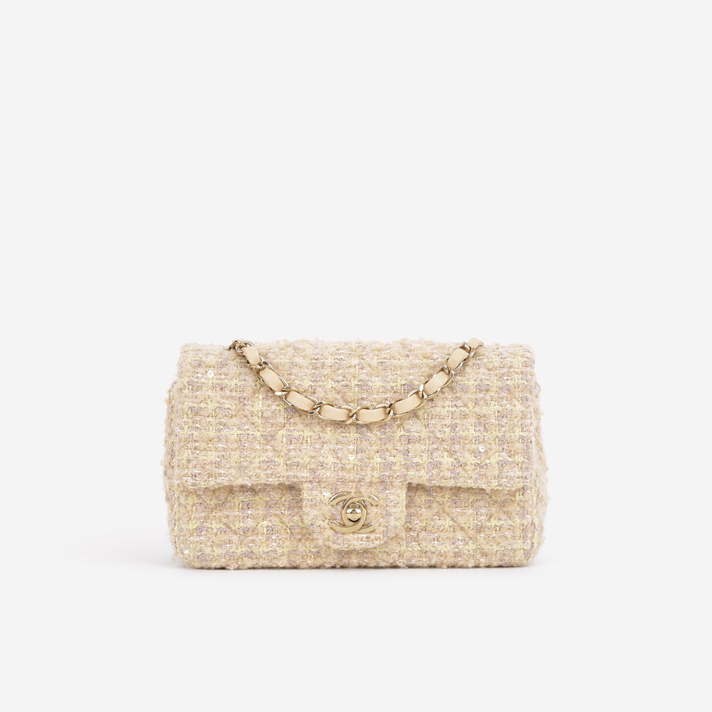 Chanel 24B Mini Rectangular - Beige / Yellow Tweed | Champagne Gold Hardware - Wholesale accessories from Lux Second Chance, Canada