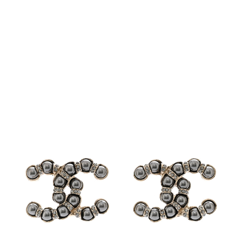 Chanel Pearl Crystal Nefertiti CC Earrings Silver Dark Grey - Wholesale accessories from Luxe Collective Fashion, United Kingdom
