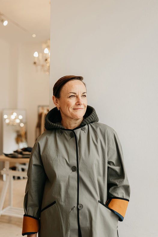 Bonded Patchwork Raincoat - Bright Navy / Sage - Wholesale designer from Marfa Stance, United Kingdom