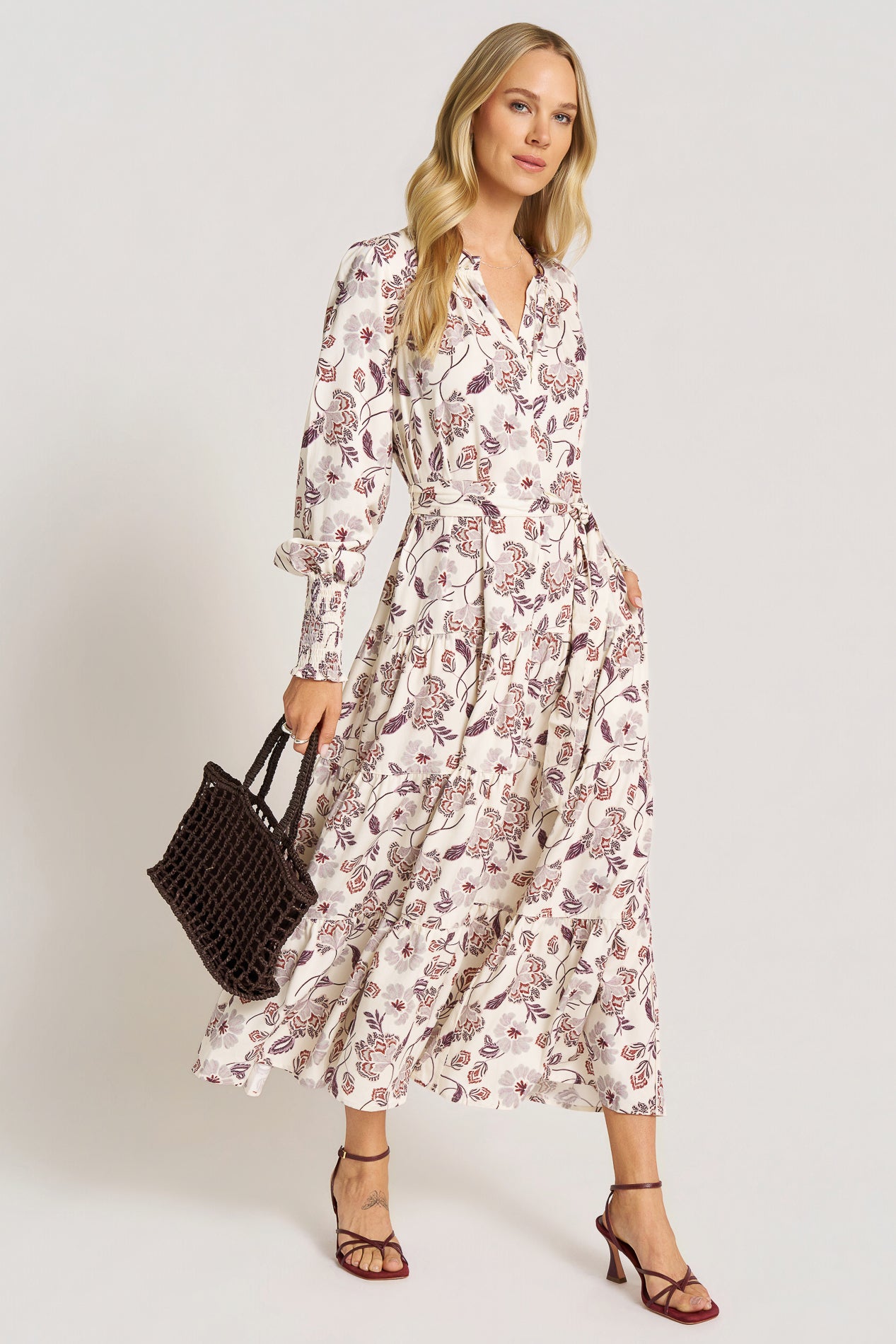 EVERLINE L/S RUFFLE COLLAR MAXI DRESS - NATURAL/FIG - Wholesale boho from mattym, 
